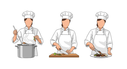 Professional chef cooking delicious food, preparing meals in a restaurant kitchen, vector art