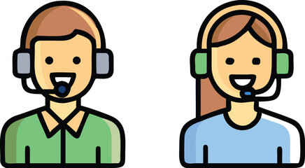 Cheerful man and woman wearing headset smile, icons representing customer service or telemarketing