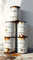 Stack of six white metal drums with rust, against weathered wall