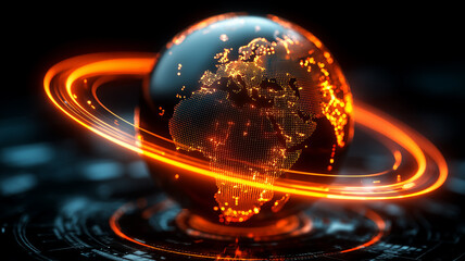 Digital globe encircled by an orbital trail communicates worldwide data movement logistics and real time communication across interconnected markets and platforms.
