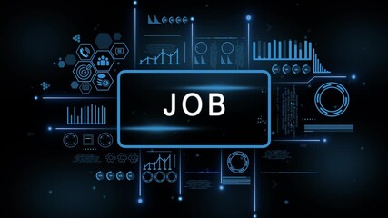 Digital Job interface with data analytics charts graphs and icons for business technology and finance concepts. 4k motion video. isolated on black background. - Powered by Adobe