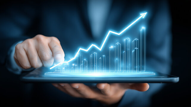 Hand presenting a digital growth chart on a tablet conveys data driven performance management forecasting and operational excellence for competitive advantage.
