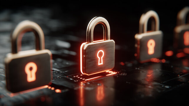 Close view of a glowing padlock on circuitry portrays cybersecurity in action, communicating protection, access control, and trust in digital systems.
