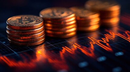 Stacks of cryptocurrency coins on a chart with declining market trends