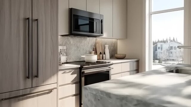Modern kitchen with wooden fridge, marble countertop, microwave, stove, and large window overlooking nature