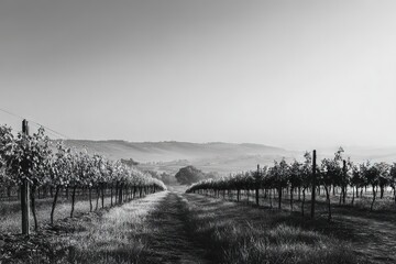 Obraz premium Dramatic Black and White Vineyard with Rolling Hills and Morning Mist
