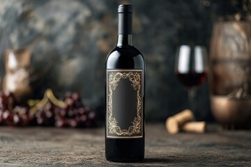 Elegant Wine Bottle with a Black and Gold Ornate Label in a Rustic Setting