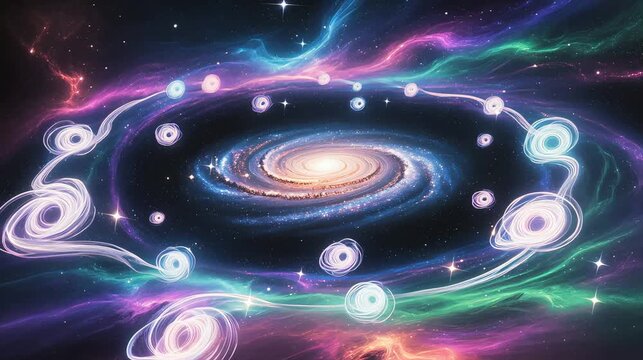 Concept art visualization of axion dark-matter particles swirling around a dwarf galaxy, glowing in vibrant nebula colors, symbolizing cosmic physics and quantum astrophysics.
