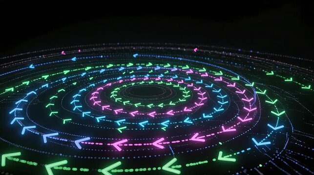 Quantum-style visualization of electron spins precessing around magnetic fields, represented by colorful neon arrows in dark space, illustrating atomic magnetic moments and physics concepts.