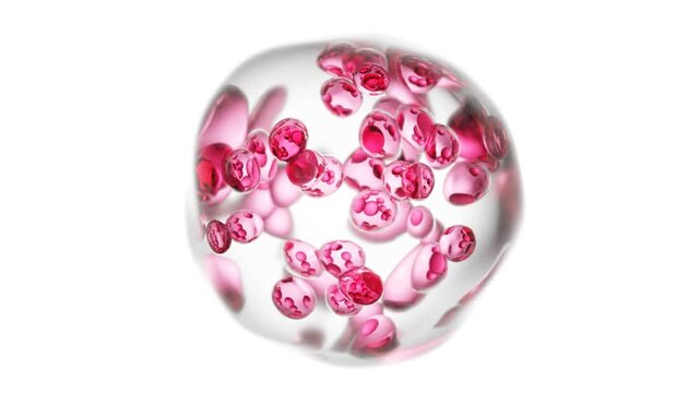 Transparent 3D sphere with suspended pink liquid droplets above a clean white surface, surreal seamless animation for futuristic minimal backgrounds and elegant conceptual motion visuals