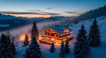 Obraz premium A charming wooden chalet covered in snow, adorned with glowing Christmas lights, sits amidst a tranquil winter landscape as twilight deepens