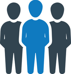 Three faceless figures stand together, the central one distinguished by bright blue color