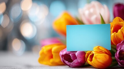 Bright tulips with a blank card placed on a soft surface for personalization