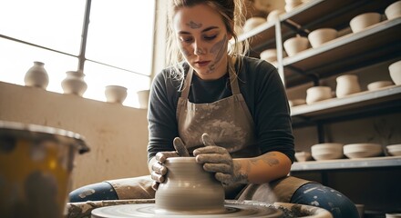 A young woman with clay-splattered face concentrates intently as she crafts a pot on a spinning pottery wheel, surrounded by shelves of finished ceramics in a bright