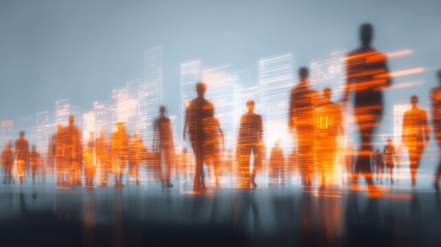 Digital silhouettes overlaid with dynamic data blocks depicting workforce analytics, organizational intelligence and real time human capital insights for strategic decision making.
