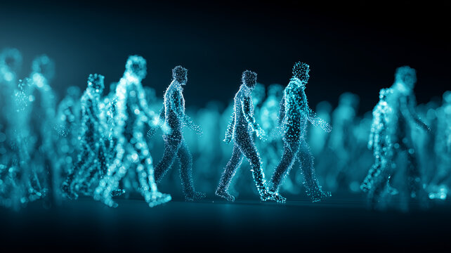 Particle based human figures walking together expressing crowd dynamics, network behavior and the flow of information in connected societies and smart cities.
