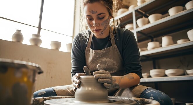 A young woman with clay-splattered face concentrates intently as she crafts a pot on a spinning pottery wheel, surrounded by shelves of finished ceramics in a bright