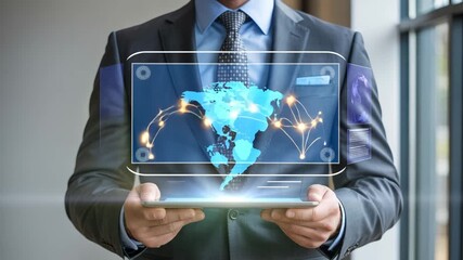 Businessman holding a tablet displaying a global network connection map - Powered by Adobe