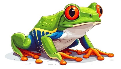 Vivid illustration of a red-eyed tree frog, posed against a white background