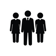 Three black figures include a suited businessman and two women stand together