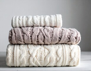 Stack of three knitted sweaters in white, mauve, and cream
