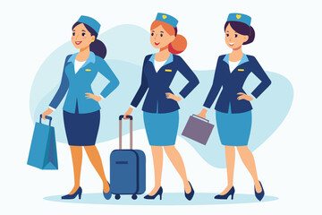 Three cheerful stewardesses wearing uniform standing and holding luggage for flight departure