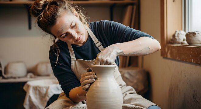 A woman intently focuses on shaping damp clay into a vase on a spinning pottery wheel, her hands covered in the material, in a softly lit studio with tools and