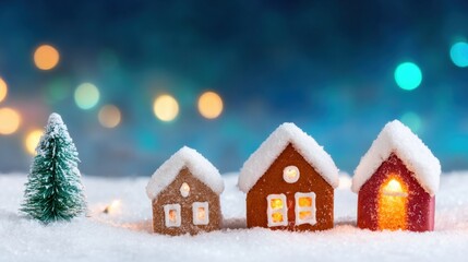 Fototapeta premium Snowy gingerbread houses with twinkling lights during winter season