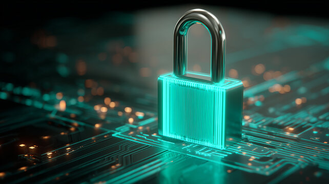 Futuristic padlock standing on circuitry, symbolizing protected networks resilient architecture and continuous data assurance.
