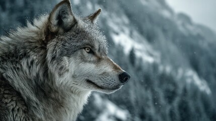 Fototapeta premium Close-up profile of a majestic grey wolf with intense golden eyes in a snowy winter mountain wilderness, natural habitat.