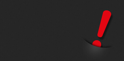 Exclamation mark concept. Red exclamation mark coming out of a pocket on a black background.