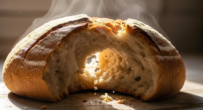 A rustic loaf of bread, freshly baked and slightly broken, with visible steam rising. Natural light highlights the golden crust and detailed crumb structure