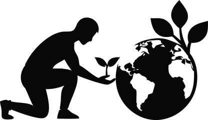 Silhouette of a man planting a seedling near the Earth vector illustration for environmental awareness and conservation isolated on white