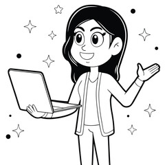 Animated young woman holding a laptop while presenting amidst star and circle accents