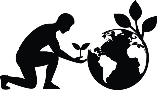 Silhouette of a man planting a seedling near the Earth vector illustration for environmental awareness and conservation isolated on white