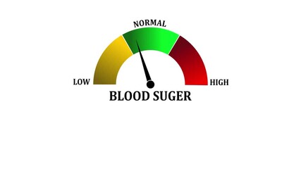 nimated blood sugar level meter changing from normal to low level. low blood glucose, diabetes monitoring, and health awareness