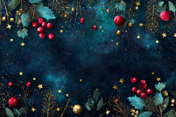 Festive Christmas background with red berries golden stars and fir branches creating a magical holiday atmosphere for seasonal designs