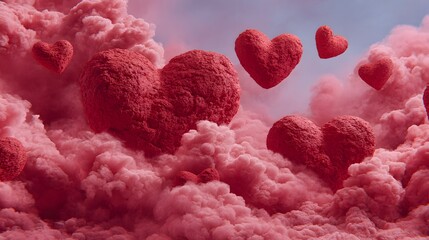 Vivid red hearts float through a cloud of pink mist, creating a dreamy romantic atmosphere.