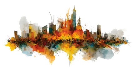 Fotobehang Abstracte kunst Vibrant watercolor skyline illustration showcasing an abstract cityscape with fiery orange and deep blue tones.  © Nathan