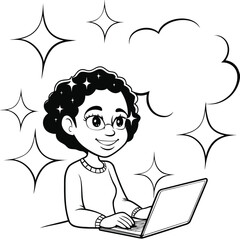Smiling African woman with glasses types on laptop amid star shapes