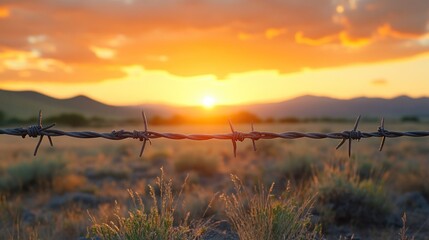 Obraz premium Sunset through barbed wire fence (1)