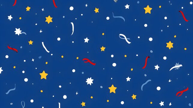 A vibrant blue background adorned with stars, confetti, and ribbons creating a festive atmosphere. - Powered by Adobe