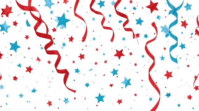 Festive celebration with blue and red stars and ribbons falling against a white background.