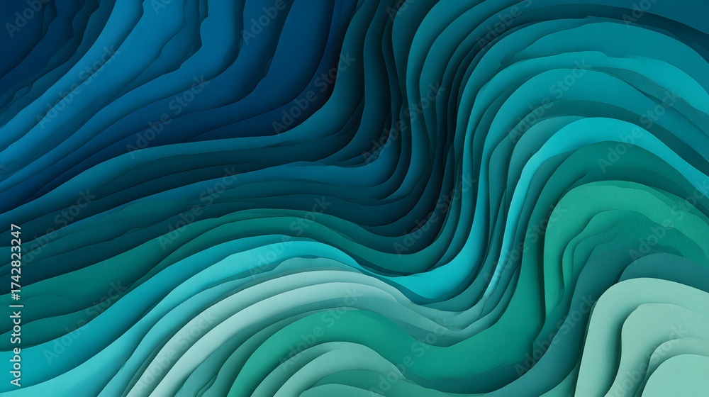 Wall mural abstract wavy patterns in shades of blue and teal, creating a sense of depth and movement.