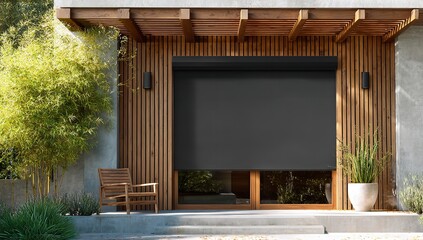 Modern outdoor living space featuring wooden pergola, sleek grey roller shade, and minimalist seating, perfect for serene retreats and stylish entertaining