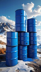 Stacked blue industrial barrels on snow-covered ground with mountains