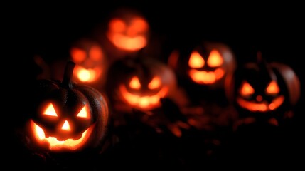 A collection of glowing jack-o'-lanterns illuminates the darkness, creating a spooky Halloween ambiance.