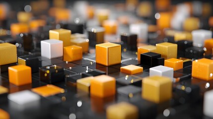 Obraz premium Vibrant abstract composition of orange, black, and white cubes on a sleek surface, creating a dynamic and modern visual effect.