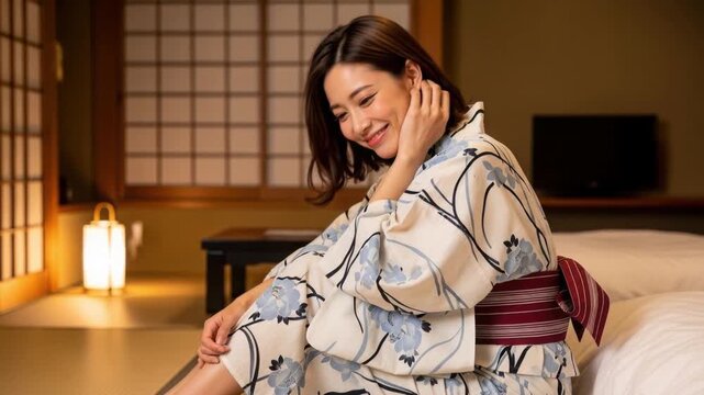 旅館の部屋で浴衣を着て布団に座り、はにかむ若い女性