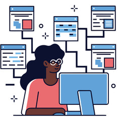 Young African woman at computer connects to multiple data windows online